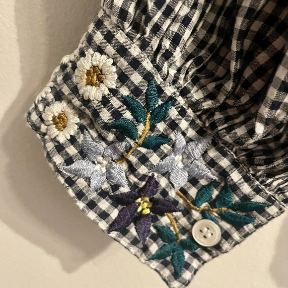 SOLD Inoui Paris XS Embroidered Gingham Check Blouse Blue White Balloon Sleev… - Picture 5 of 10